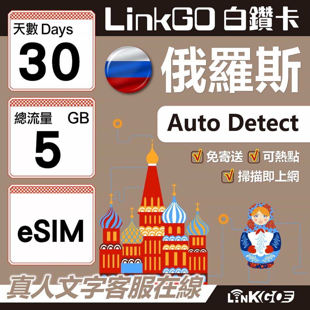 01610030-【LinkGO】白鑽卡 俄羅斯 eSIM卡 30天上網卡 總流量5GB 高速流量(俄羅斯網卡 莫斯科 聖彼得堡 莫曼斯)