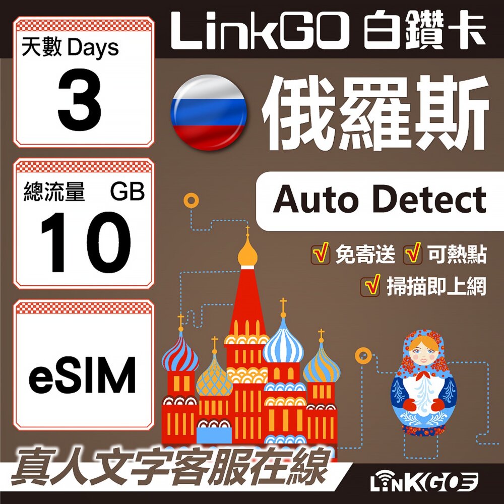 01620003-【LinkGO】白鑽卡 俄羅斯 eSIM卡 3天上網卡 總流量10GB 高速流量(俄羅斯網卡 莫斯科 聖彼得堡 莫曼斯)