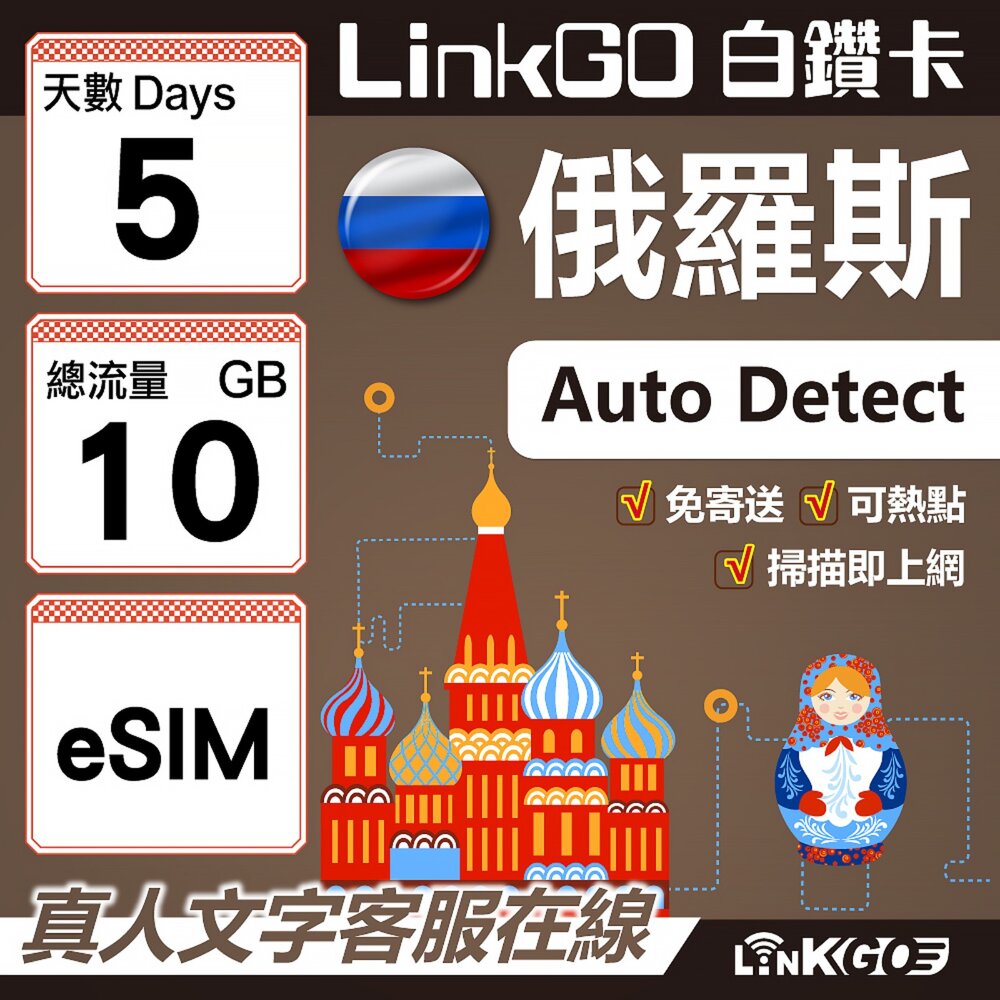 01620005-【LinkGO】白鑽卡 俄羅斯 eSIM卡 5天上網卡 總流量10GB 高速流量(俄羅斯網卡 莫斯科 聖彼得堡 莫曼斯)