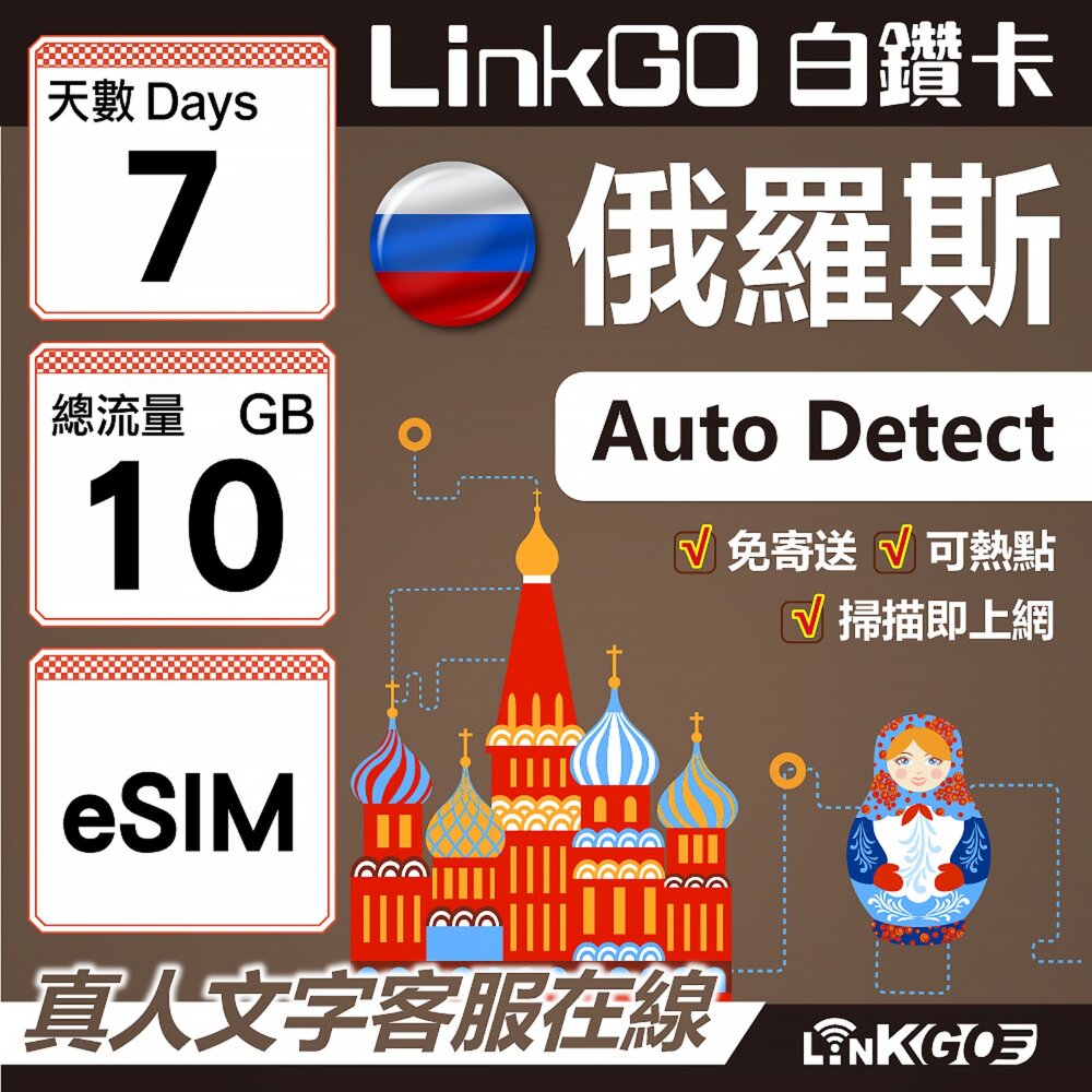 01620007-【LinkGO】白鑽卡 俄羅斯 eSIM卡 7天上網卡 總流量10GB 高速流量(俄羅斯網卡 莫斯科 聖彼得堡 莫曼斯)