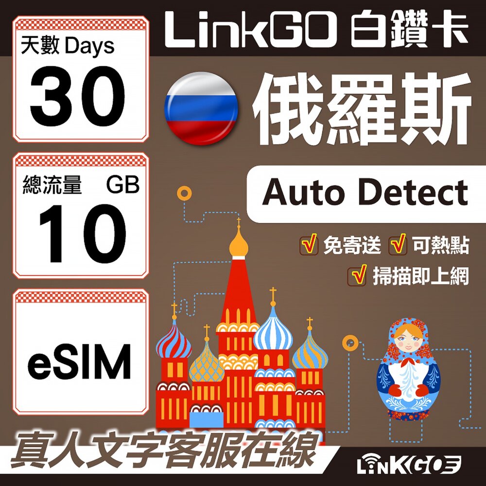 01620030-【LinkGO】白鑽卡 俄羅斯 eSIM卡 30天上網卡 總流量10GB 高速流量(俄羅斯網卡 莫斯科 聖彼得堡 莫曼斯