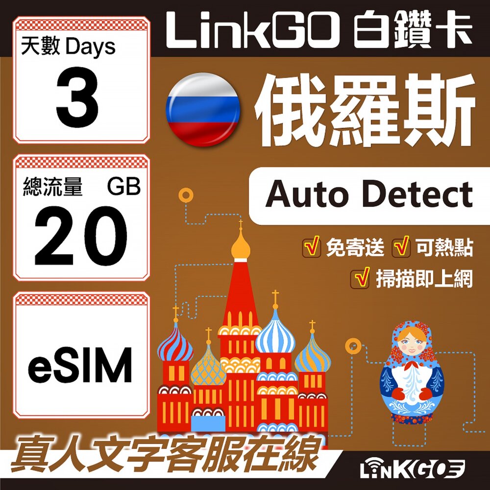 01630003-【LinkGO】白鑽卡 俄羅斯 eSIM卡 3天上網卡 總流量20GB 高速流量(俄羅斯網卡 莫斯科 聖彼得堡 莫曼斯)