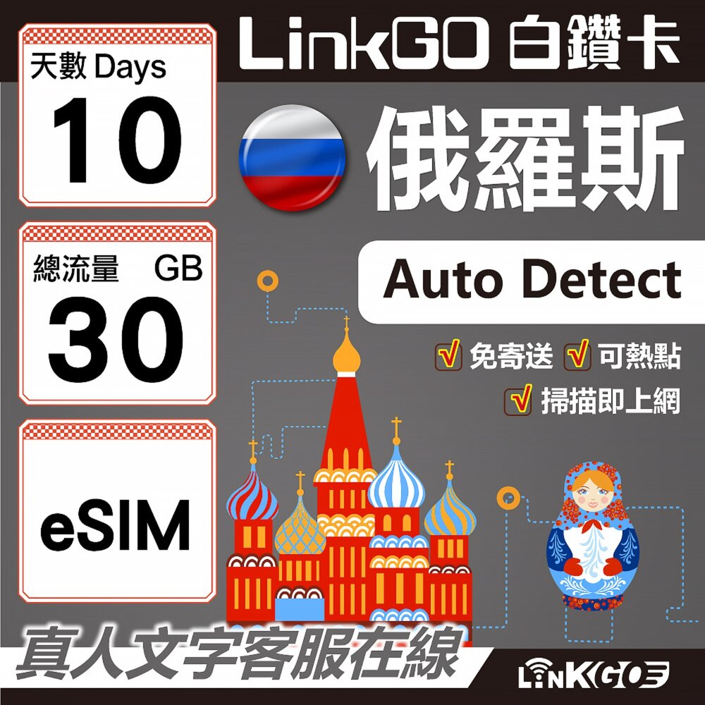 01640010-【LinkGO】白鑽卡 俄羅斯 eSIM卡 10天上網卡 總流量30GB 高速流量(俄羅斯網卡 莫斯科 聖彼得堡 莫曼斯