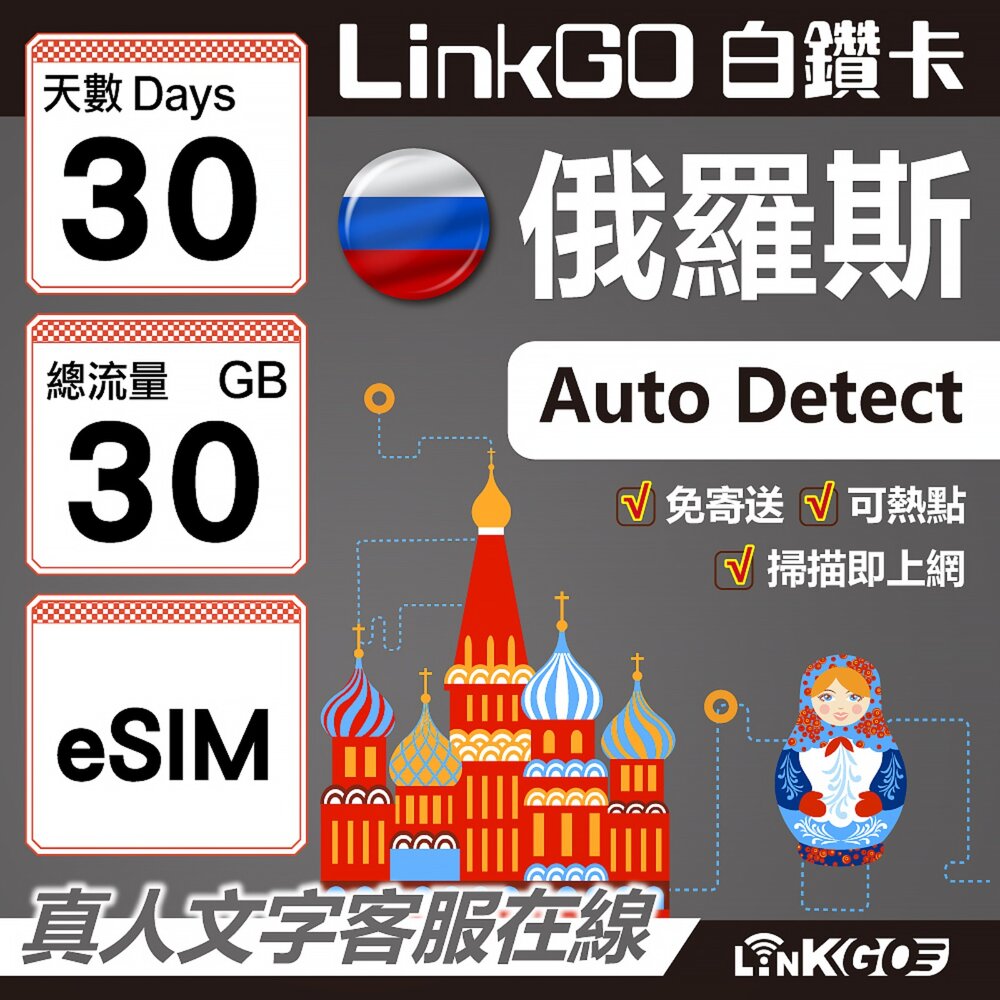 01640030-【LinkGO】白鑽卡 俄羅斯 eSIM卡 30天上網卡 總流量30GB 高速流量(俄羅斯網卡 莫斯科 聖彼得堡 莫曼斯