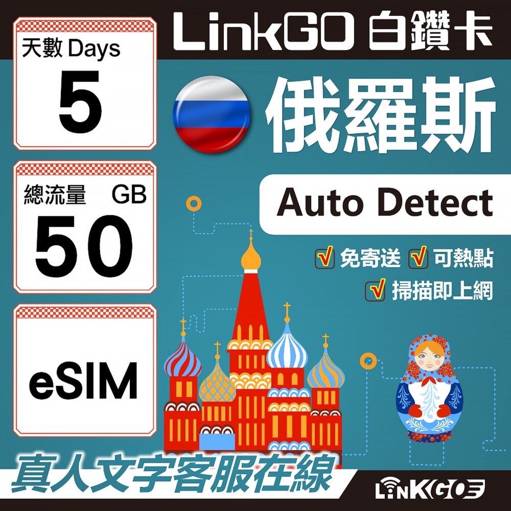 01650005-【LinkGO】白鑽卡 俄羅斯 eSIM卡 5天上網卡 總流量50GB 高速流量(俄羅斯網卡 莫斯科 聖彼得堡 莫曼斯)