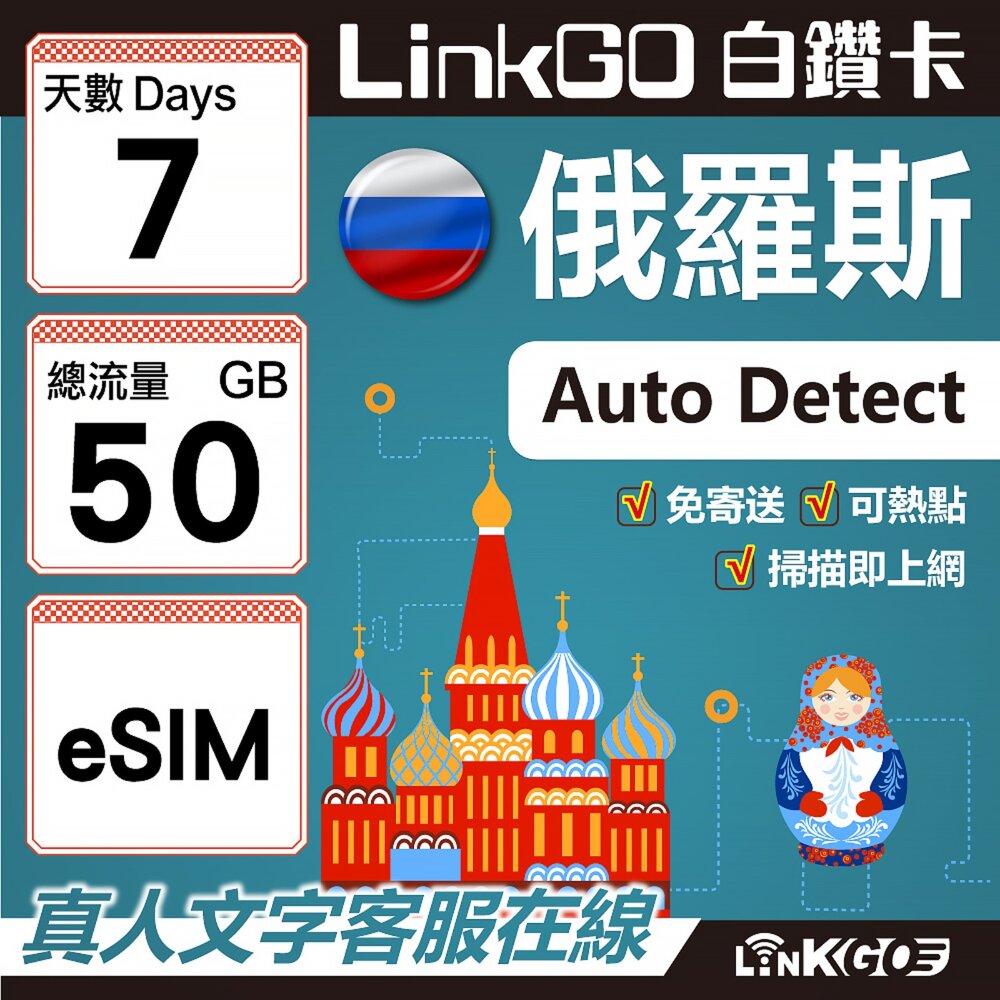 01650007-【LinkGO】白鑽卡 俄羅斯 eSIM卡 7天上網卡 總流量50GB 高速流量(俄羅斯網卡 莫斯科 聖彼得堡 莫曼斯)