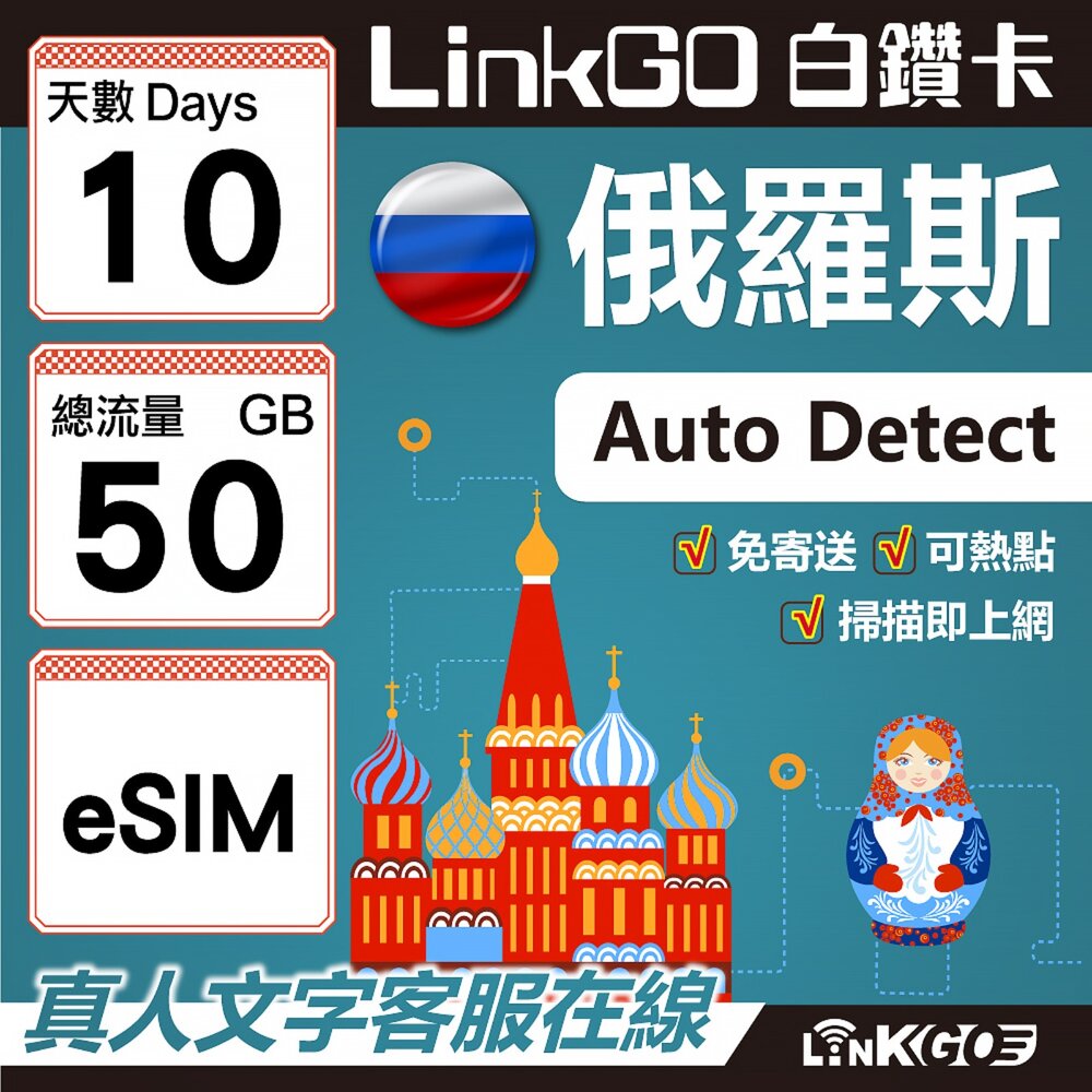 01650010-【LinkGO】白鑽卡 俄羅斯 eSIM卡 10天上網卡 總流量50GB 高速流量(俄羅斯網卡 莫斯科 聖彼得堡 莫曼斯