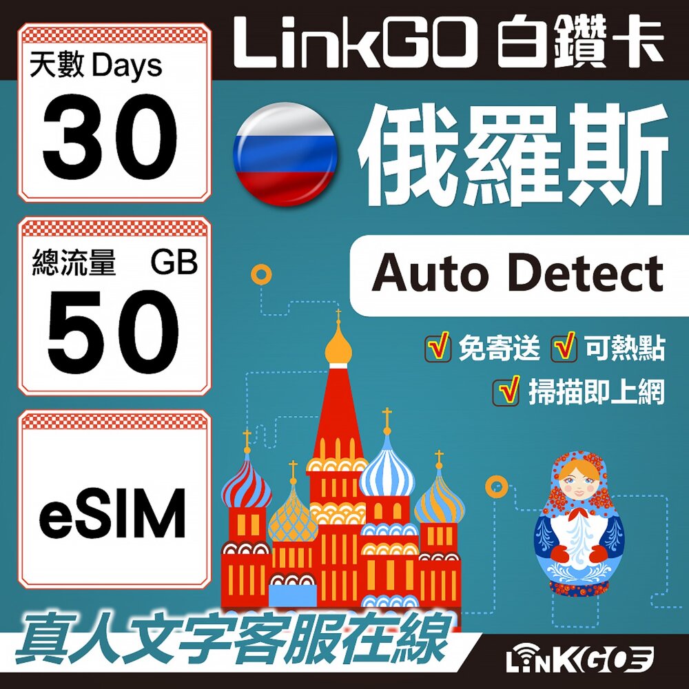 01650030-【LinkGO】白鑽卡 俄羅斯 eSIM卡 30天上網卡 總流量50GB 高速流量(俄羅斯網卡 莫斯科 聖彼得堡 莫曼斯