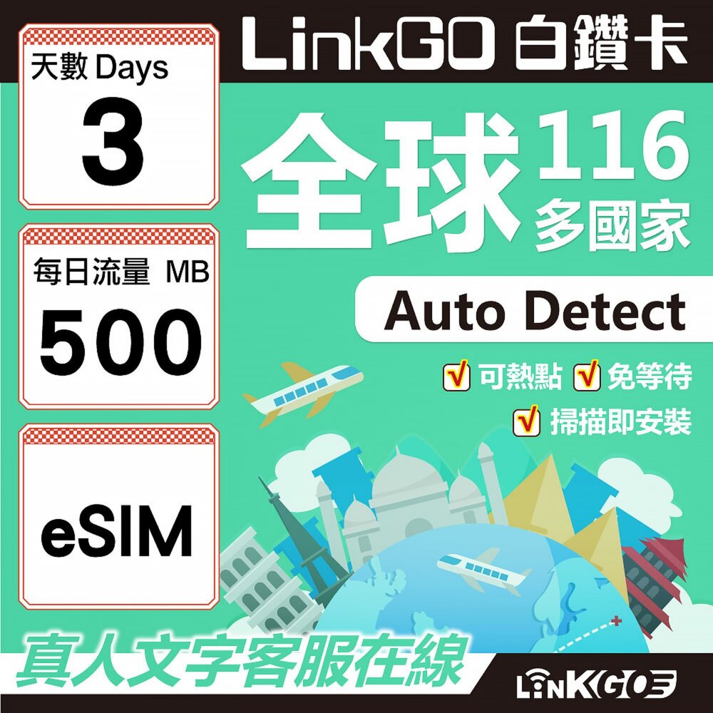 01690003-【LINKGO】白鑽卡 全球116國 eSIM卡 3天上網卡 每日500MB(全球網卡 亞洲 歐洲 美洲 大洋洲 非洲)