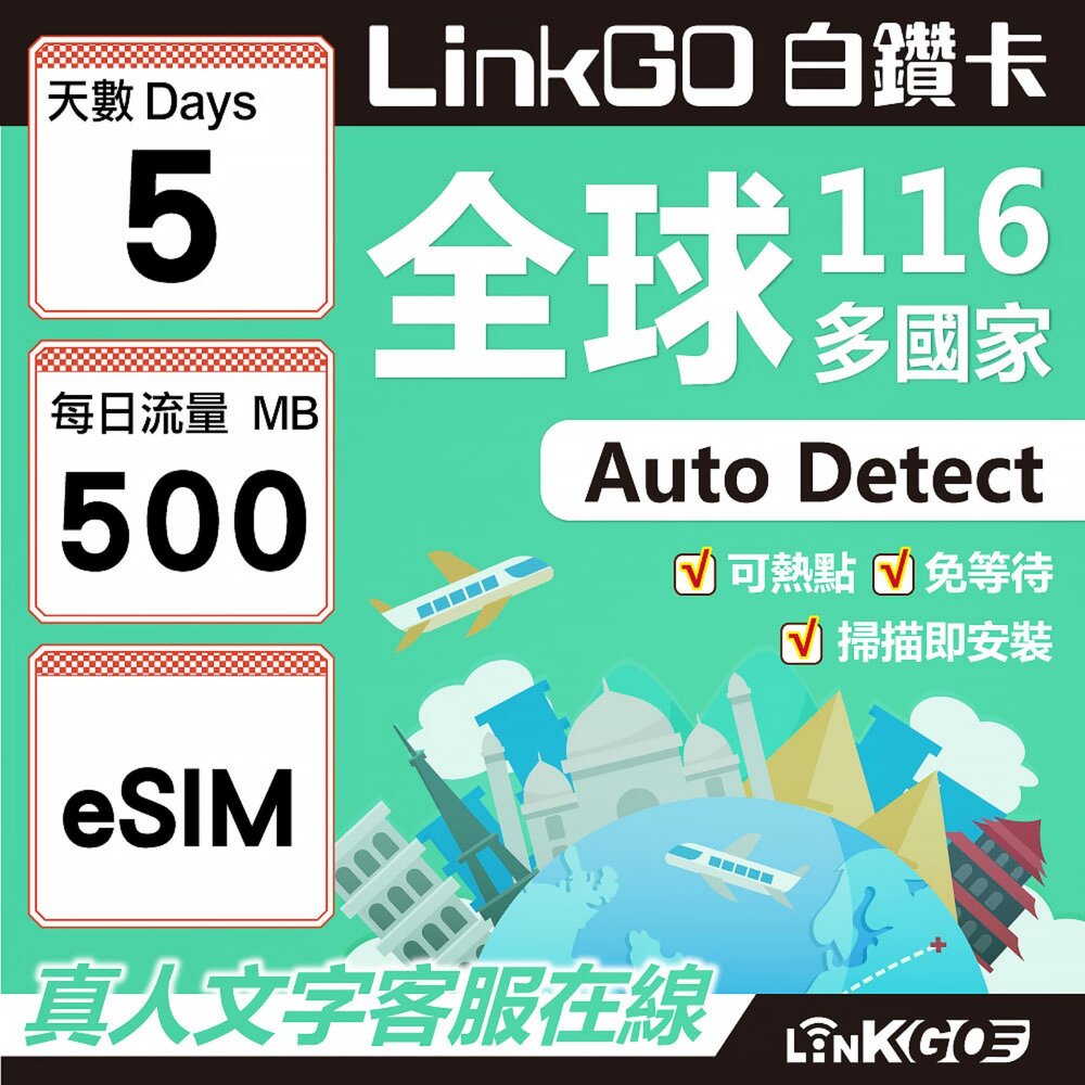01690005-【LINKGO】白鑽卡 全球116國 eSIM卡 5天上網卡 每日500MB(全球網卡 亞洲 歐洲 美洲 大洋洲 非洲)
