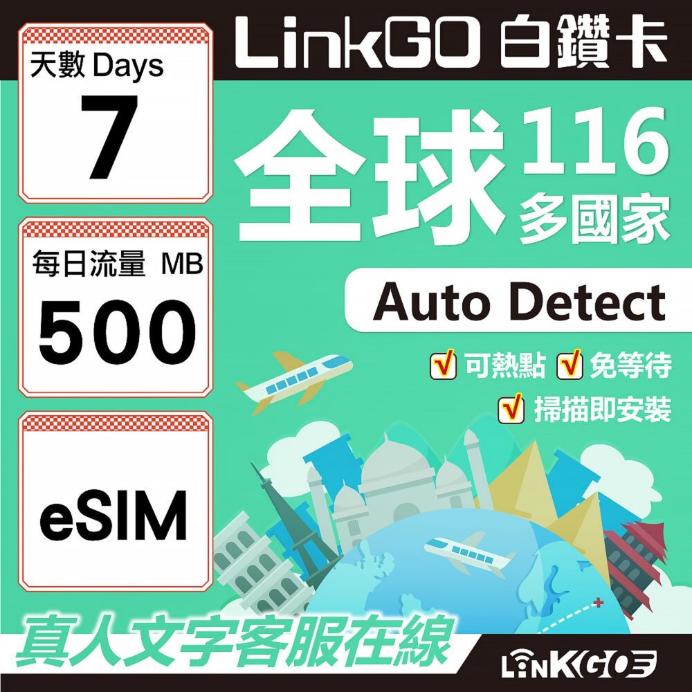 01690007-【LINKGO】白鑽卡 全球116國 eSIM卡 7天上網卡 每日500MB(全球網卡 亞洲 歐洲 美洲 大洋洲 非洲)