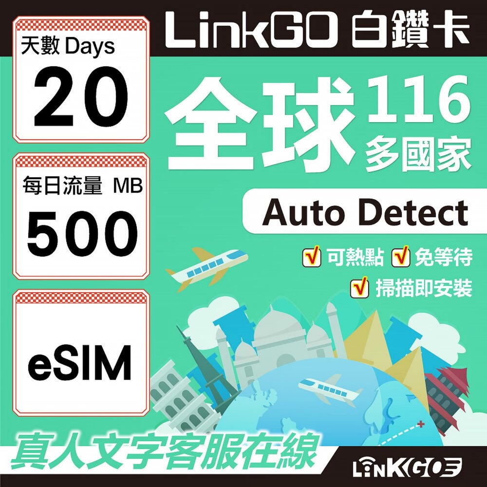 01690020-【LINKGO】白鑽卡 全球116國 eSIM卡 20天上網卡 每日500MB(全球網卡 亞洲 歐洲 美洲 大洋洲 非洲