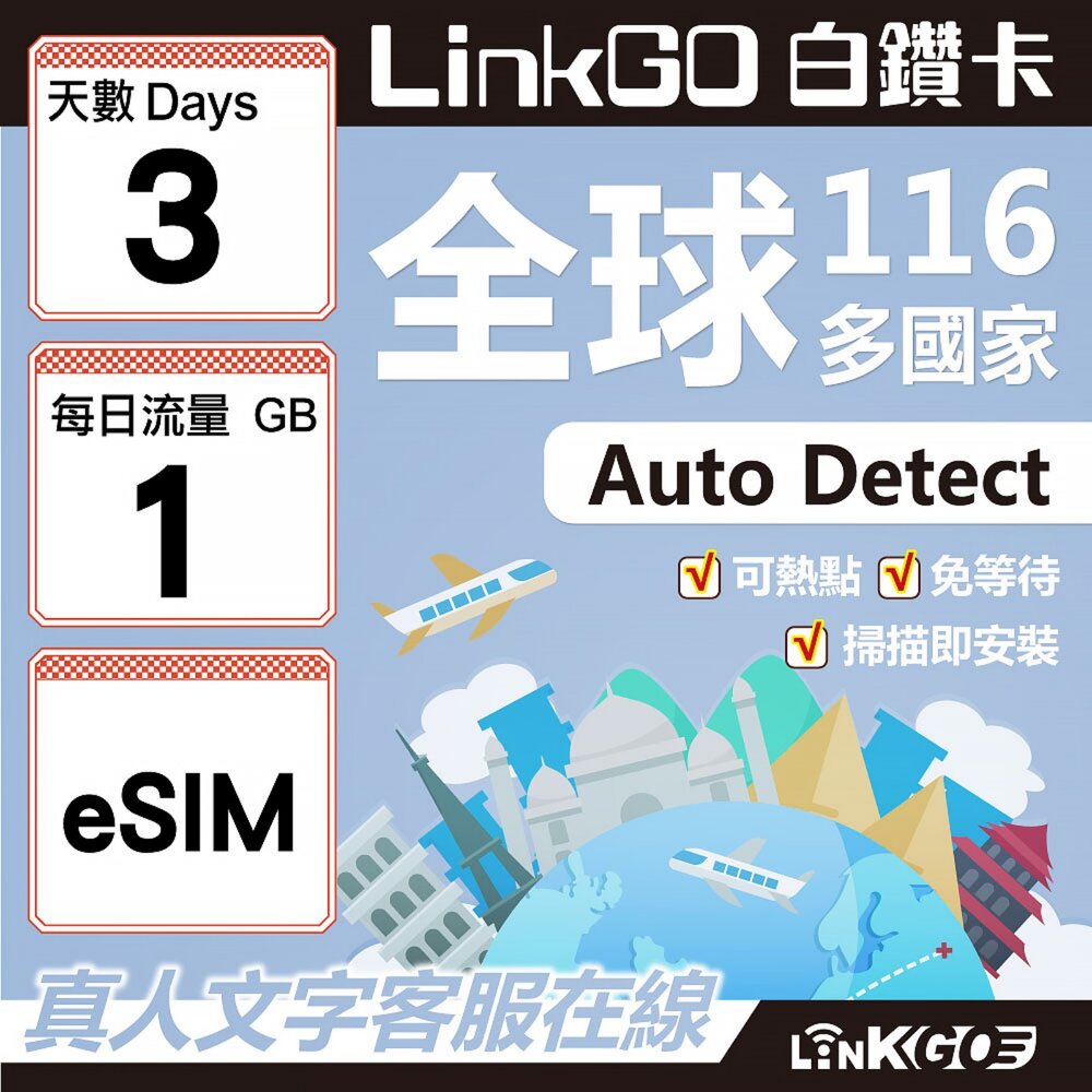 01700003-【LINKGO】白鑽卡 全球116國 eSIM卡 3天上網卡 每日1GB(全球網卡 亞洲 歐洲 美洲 大洋洲 非洲)