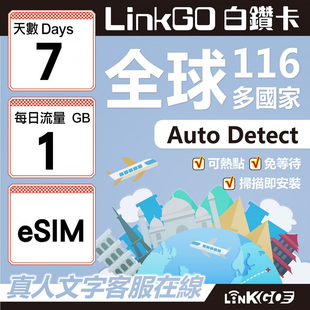 01700007-【LINKGO】白鑽卡 全球116國 eSIM卡 7天上網卡 每日1GB(全球網卡 亞洲 歐洲 美洲 大洋洲 非洲)