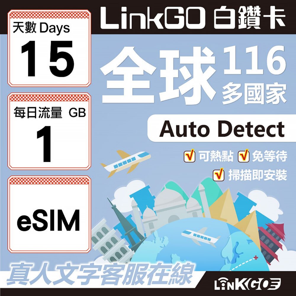 01700015-【LINKGO】白鑽卡 全球116國 eSIM卡 15天上網卡 每日1GB(全球網卡 亞洲 歐洲 美洲 大洋洲 非洲)