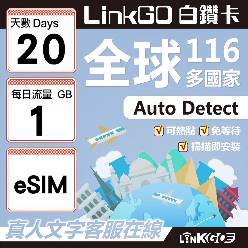 01700020-【LINKGO】白鑽卡 全球116國 eSIM卡 20天上網卡 每日1GB(全球網卡 亞洲 歐洲 美洲 大洋洲 非洲)
