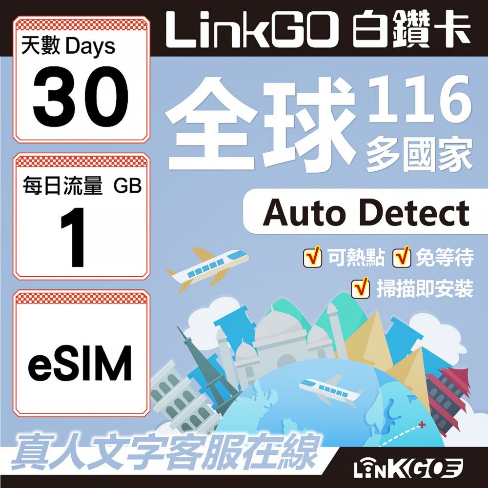 01700030-【LINKGO】白鑽卡 全球116國 eSIM卡 30天上網卡 每日1GB(全球網卡 亞洲 歐洲 美洲 大洋洲 非洲)