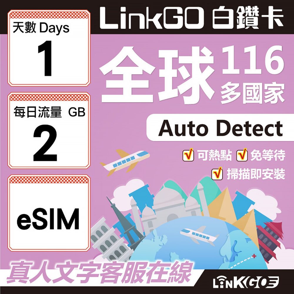 01710001-【LINKGO】白鑽卡 全球116國 eSIM卡 1天上網卡 每日2GB(全球網卡 亞洲 歐洲 美洲 大洋洲 非洲)