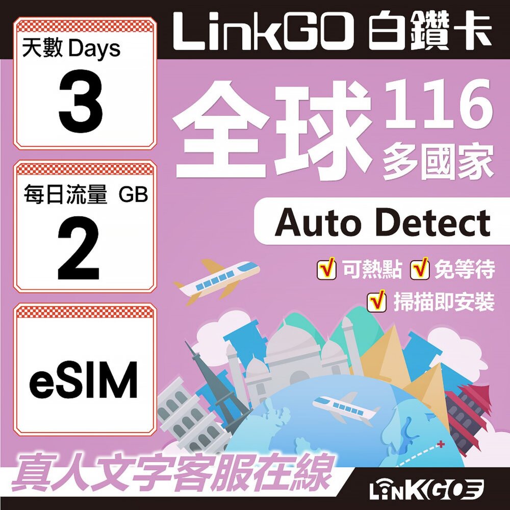 01710003-【LINKGO】白鑽卡 全球116國 eSIM卡 3天上網卡 每日2GB(全球網卡 亞洲 歐洲 美洲 大洋洲 非洲)