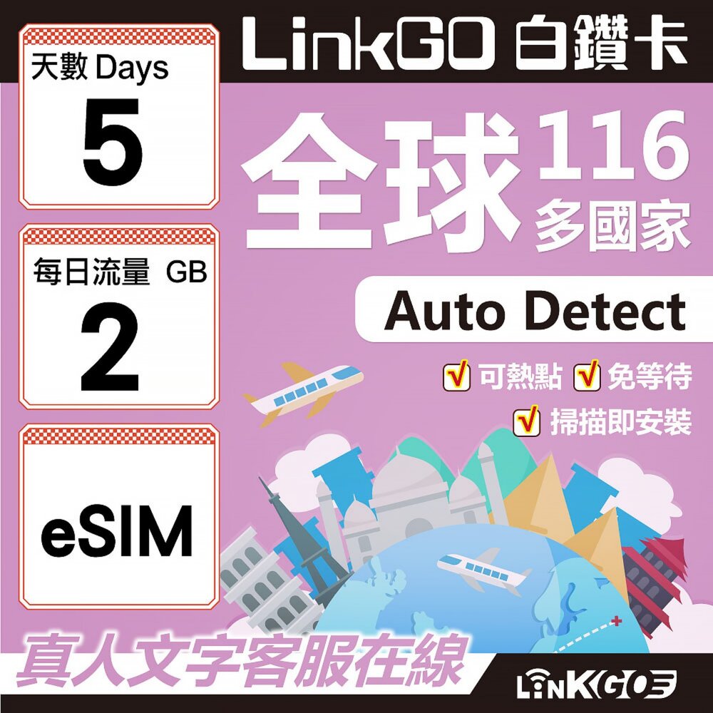 01710005-【LINKGO】白鑽卡 全球116國 eSIM卡 5天上網卡 每日2GB(全球網卡 亞洲 歐洲 美洲 大洋洲 非洲)