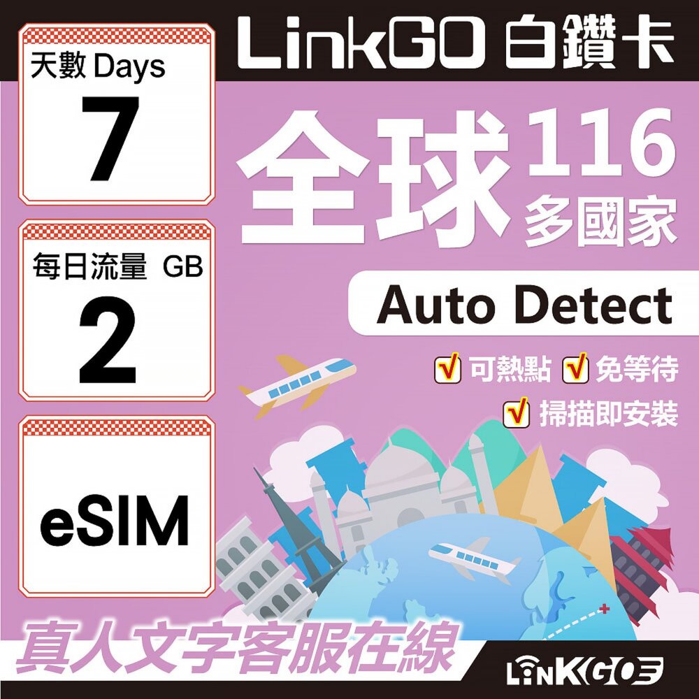 01710007-【LINKGO】白鑽卡 全球116國 eSIM卡 7天上網卡 每日2GB(全球網卡 亞洲 歐洲 美洲 大洋洲 非洲)