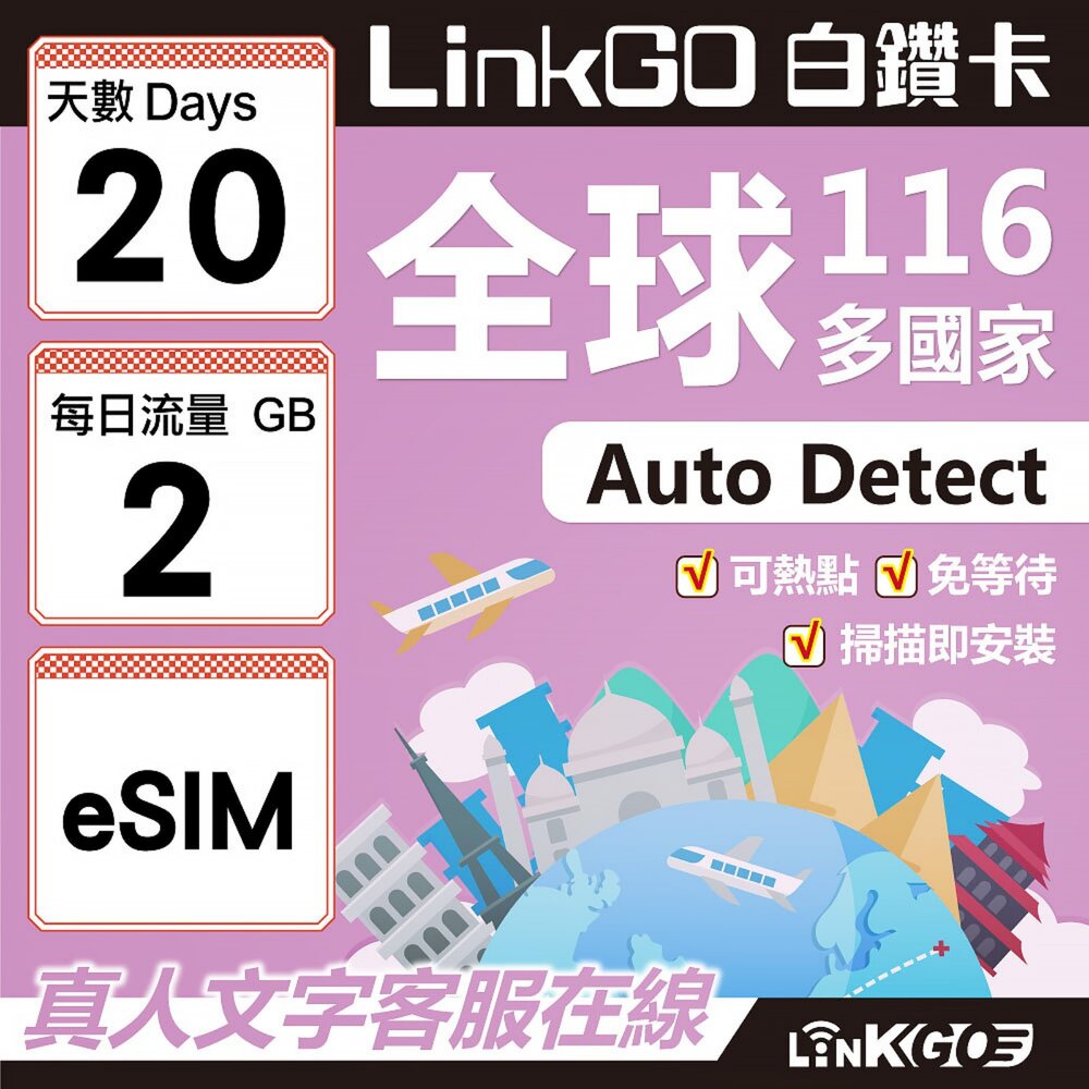 01710020-【LINKGO】白鑽卡 全球116國 eSIM卡 20天上網卡 每日2GB(全球網卡 亞洲 歐洲 美洲 大洋洲 非洲)