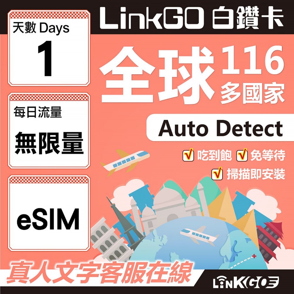 01730001-【LINKGO】白鑽卡 全球116國 eSIM卡 1天上網卡 無限流量吃到飽不降速(全球網卡 亞洲 歐洲 美洲 大洋洲