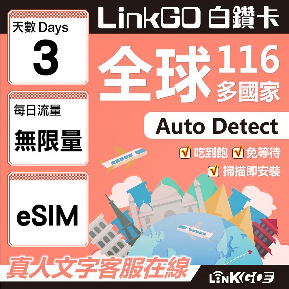 01730003-【LINKGO】白鑽卡 全球116國 eSIM卡 3天上網卡 無限流量吃到飽不降速(全球網卡 亞洲 歐洲 美洲 大洋洲
