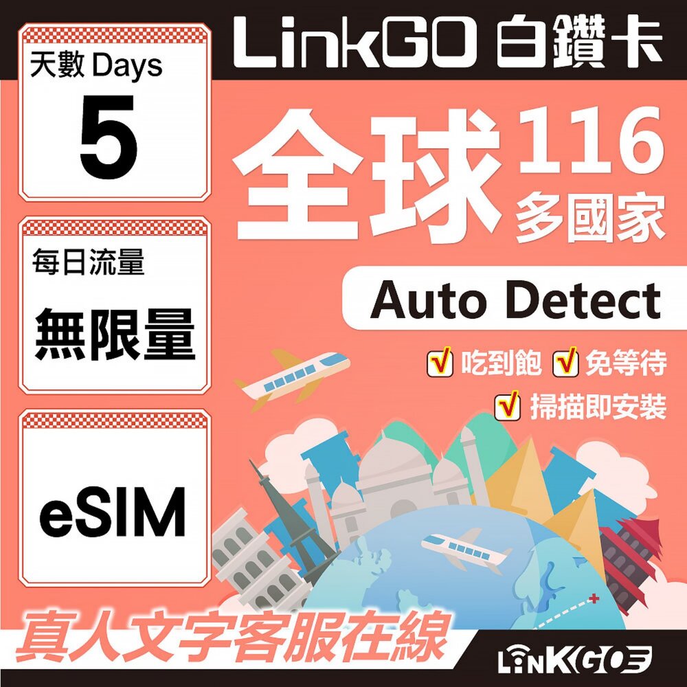01730005-【LINKGO】白鑽卡 全球116國 eSIM卡 5天上網卡 無限流量吃到飽不降速(全球網卡 亞洲 歐洲 美洲 大洋洲