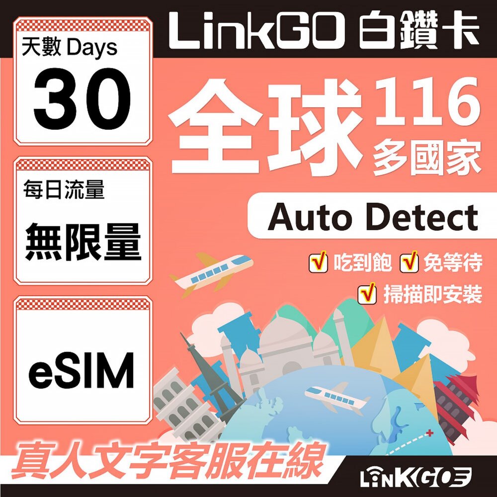 01730030-【LINKGO】白鑽卡 全球116國 eSIM卡 30天上網卡 無限流量吃到飽不降速(全球網卡 亞洲 歐洲 美洲 大洋洲
