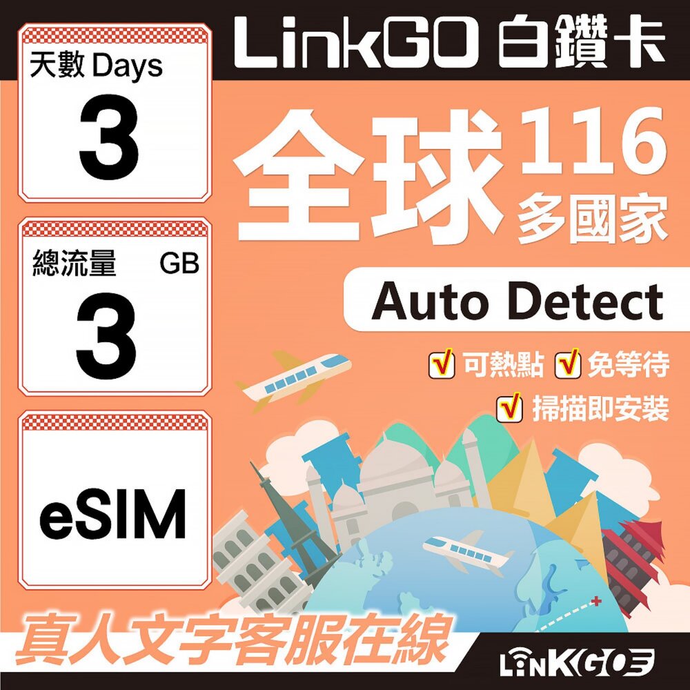 01740003-【LINKGO】白鑽卡 全球116國 eSIM卡 3天上網卡 總流量3GB(全球網卡 亞洲 歐洲 美洲 大洋洲 非洲)