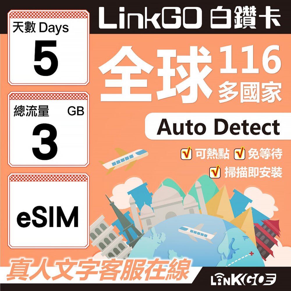 01740005-【LINKGO】白鑽卡 全球116國 eSIM卡 5天上網卡 總流量3GB(全球網卡 亞洲 歐洲 美洲 大洋洲 非洲)