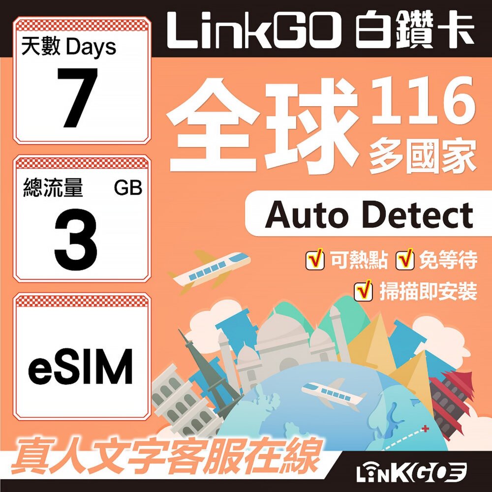 01740007-【LINKGO】白鑽卡 全球116國 eSIM卡 7天上網卡 總流量3GB(全球網卡 亞洲 歐洲 美洲 大洋洲 非洲)