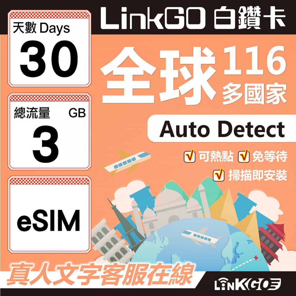 01740030-【LINKGO】白鑽卡 全球116國 eSIM卡 30天上網卡 總流量3GB(全球網卡 亞洲 歐洲 美洲 大洋洲 非洲)