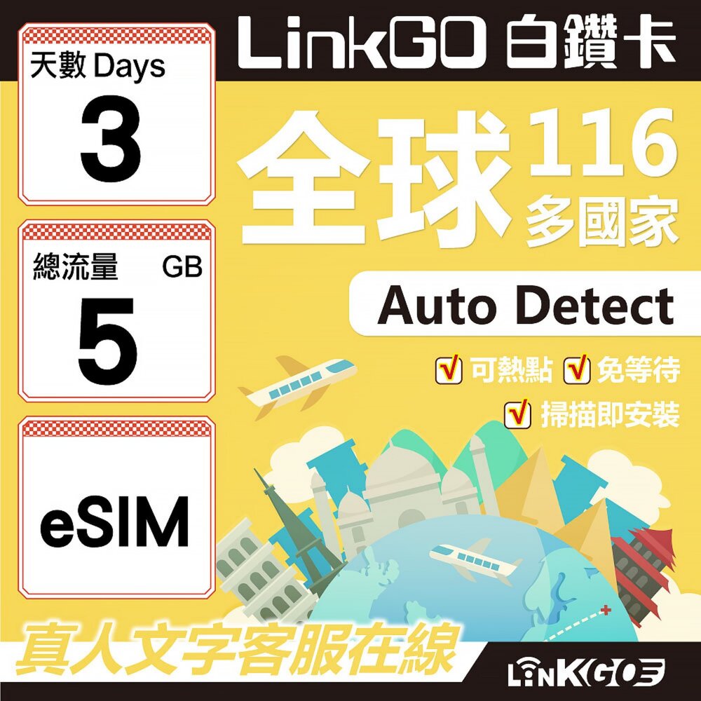 01750003-【LINKGO】白鑽卡 全球116國 eSIM卡 3天上網卡 總流量5GB(全球網卡 亞洲 歐洲 美洲 大洋洲 非洲)