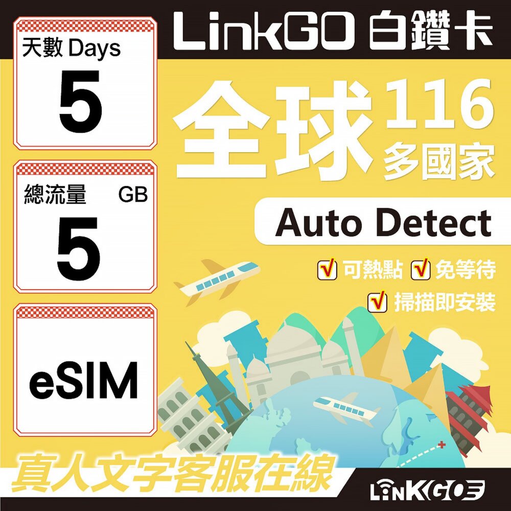 01750005-【LINKGO】白鑽卡 全球116國 eSIM卡 5天上網卡 總流量5GB(全球網卡 亞洲 歐洲 美洲 大洋洲 非洲)