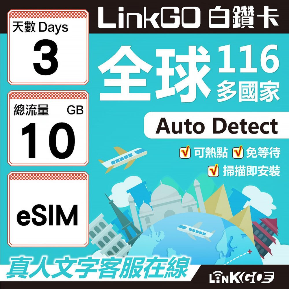 01760003-【LINKGO】白鑽卡 全球116國 eSIM卡 3天上網卡 總流量10GB(全球網卡 亞洲 歐洲 美洲 大洋洲 非洲)