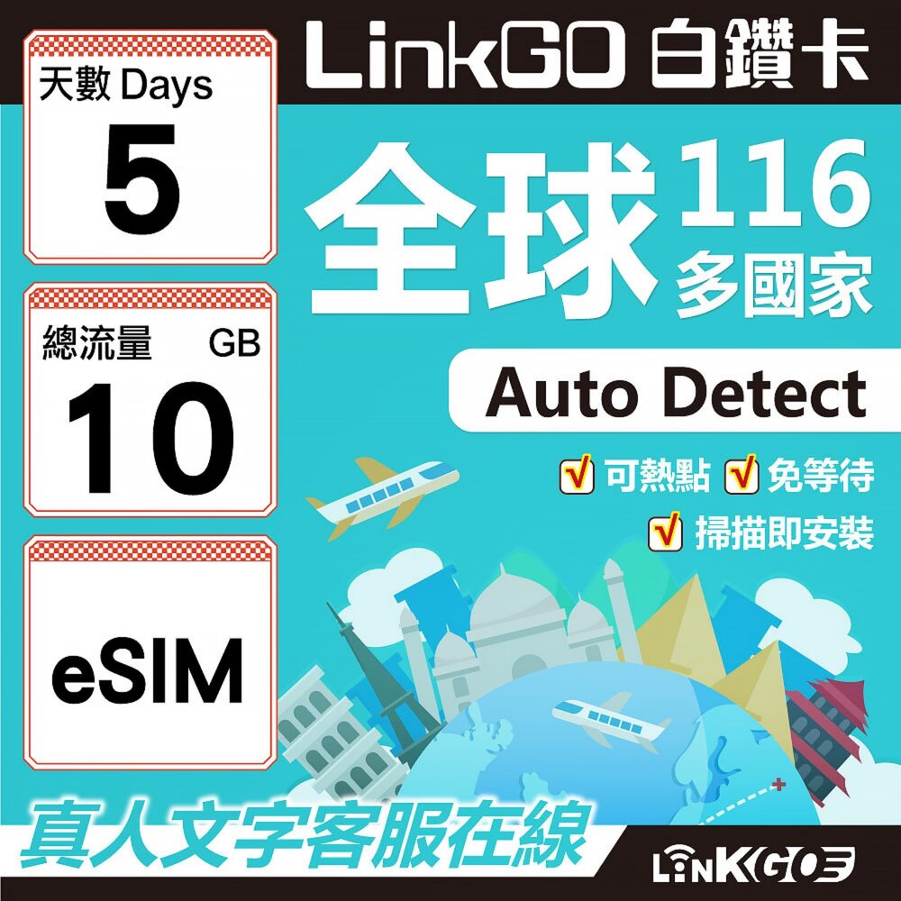 01760005-【LINKGO】白鑽卡 全球116國 eSIM卡 5天上網卡 總流量10GB(全球網卡 亞洲 歐洲 美洲 大洋洲 非洲)