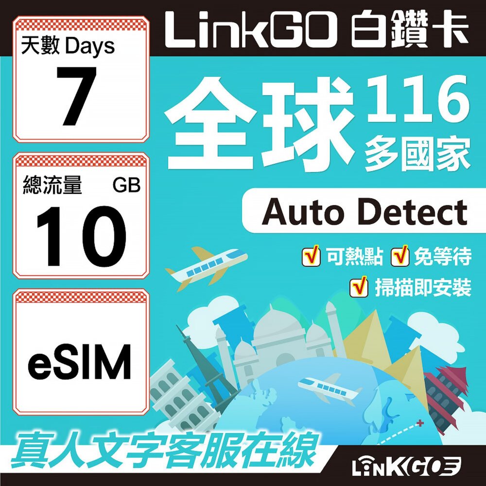 01760007-【LINKGO】白鑽卡 全球116國 eSIM卡 7天上網卡 總流量10GB(全球網卡 亞洲 歐洲 美洲 大洋洲 非洲)