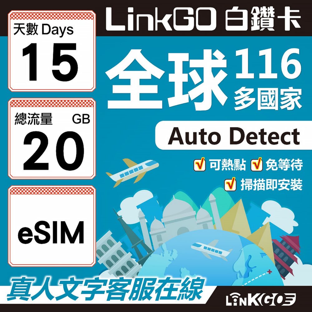 01770015-【LINKGO】白鑽卡 全球116國 eSIM卡 15天上網卡 總流量20GB(全球網卡 亞洲 歐洲 美洲 大洋洲 非洲