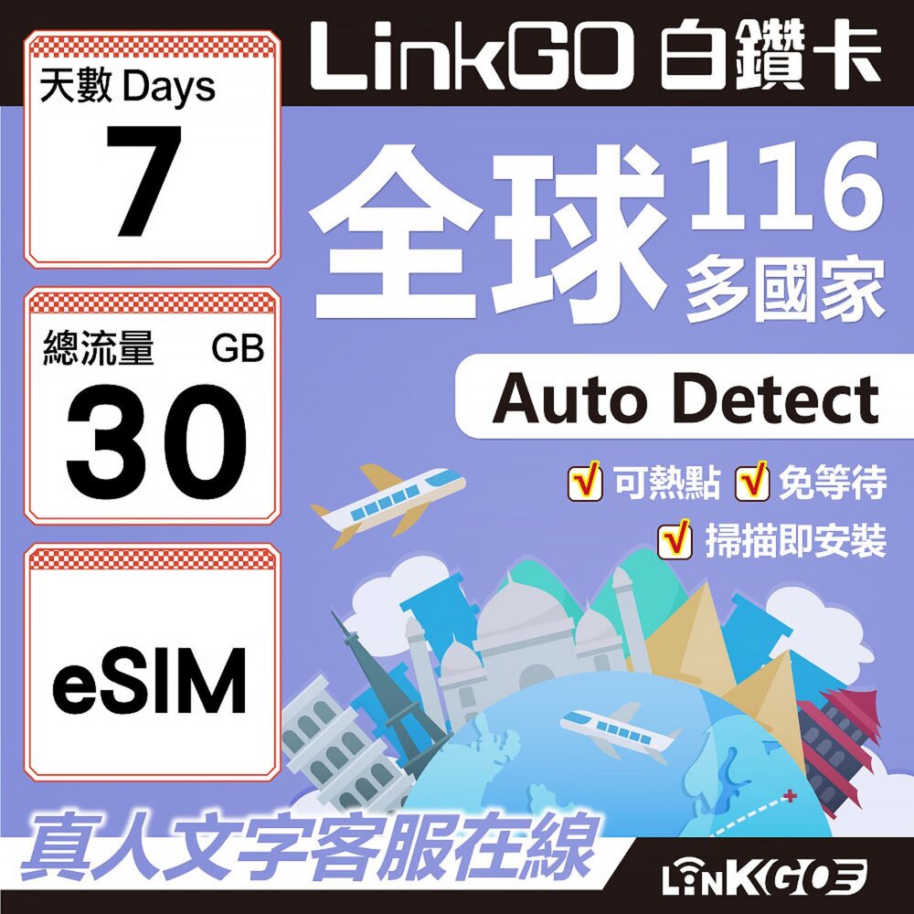 01780007-【LINKGO】白鑽卡 全球116國 eSIM卡 7天上網卡 總流量30GB(全球網卡 亞洲 歐洲 美洲 大洋洲 非洲)