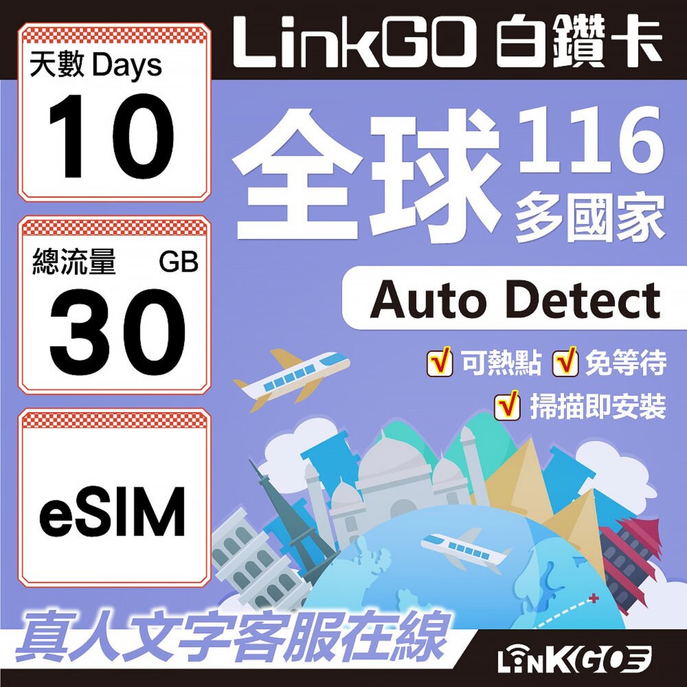 01780010-【LINKGO】白鑽卡 全球116國 eSIM卡 10天上網卡 總流量30GB(全球網卡 亞洲 歐洲 美洲 大洋洲 非洲