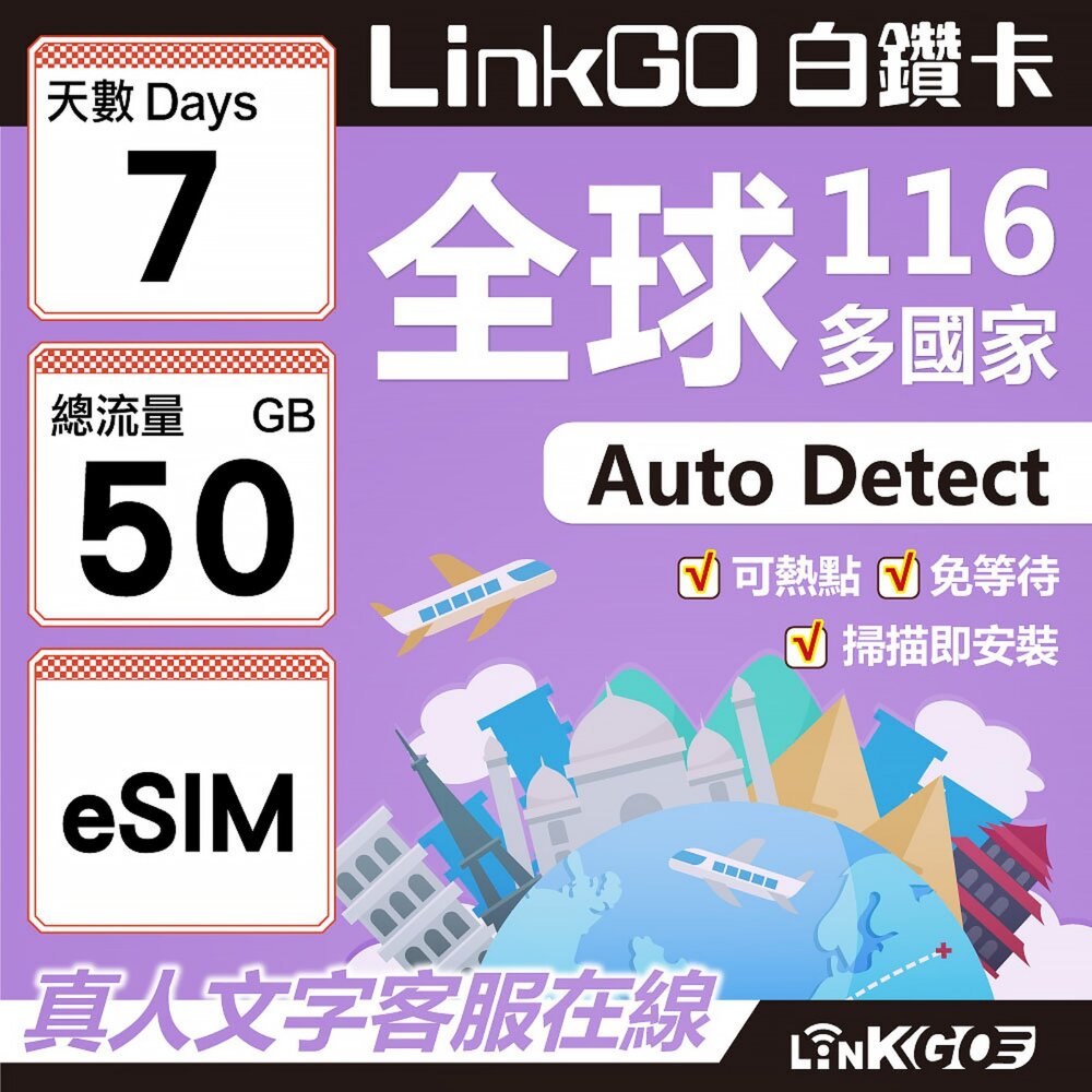 01790007-【LINKGO】白鑽卡 全球116國 eSIM卡 7天上網卡 總流量50GB(全球網卡 亞洲 歐洲 美洲 大洋洲 非洲)