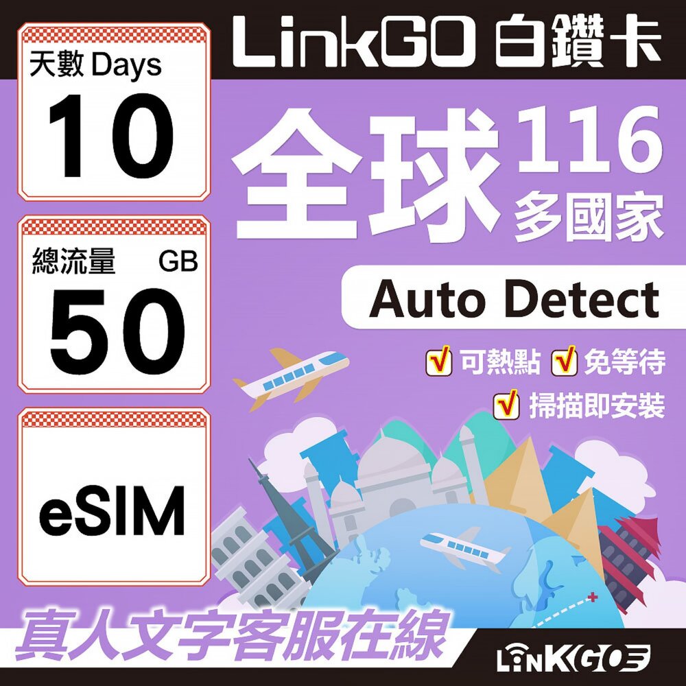 01790010-【LINKGO】白鑽卡 全球116國 eSIM卡 10天上網卡 總流量50GB(全球網卡 亞洲 歐洲 美洲 大洋洲 非洲