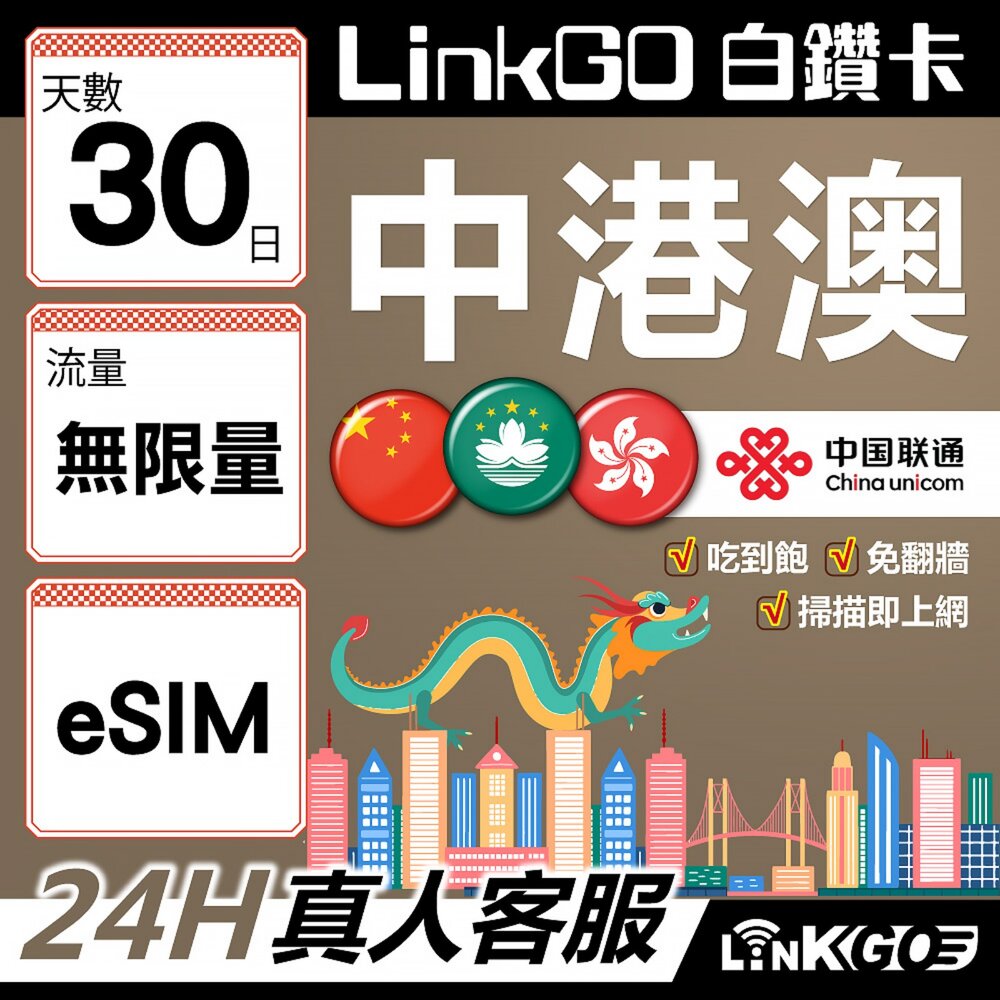 01970030-【LINKGO】白鑽卡 中港澳 eSIM卡 30天吃到飽不降速 無限流量 免翻牆(中港澳網卡 中國 大陸 香港 澳門 虛