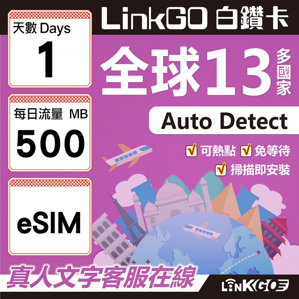 01990001-【LINKGO】白鑽卡 全球13國 eSIM卡 1天上網卡 每日500MB(全球網卡 亞太區 紐西蘭 澳洲 通行無限)