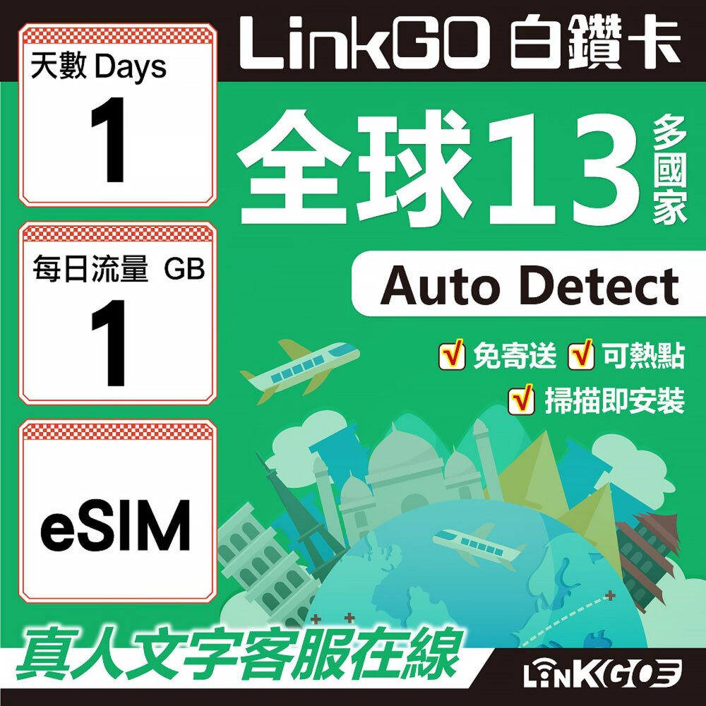 02000001-【LINKGO】白鑽卡 全球13國 eSIM卡 1天上網卡 每日1GB(全球網卡 亞太區 紐西蘭 澳洲 通行無限)