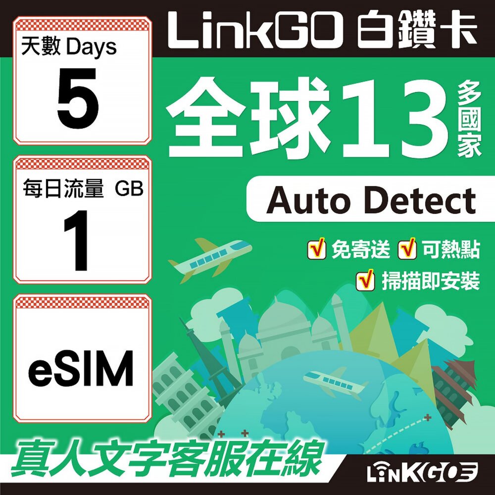 02000005-【LINKGO】白鑽卡 全球13國 eSIM卡 5天上網卡 每日1GB(全球網卡 亞太區 紐西蘭 澳洲 通行無限)
