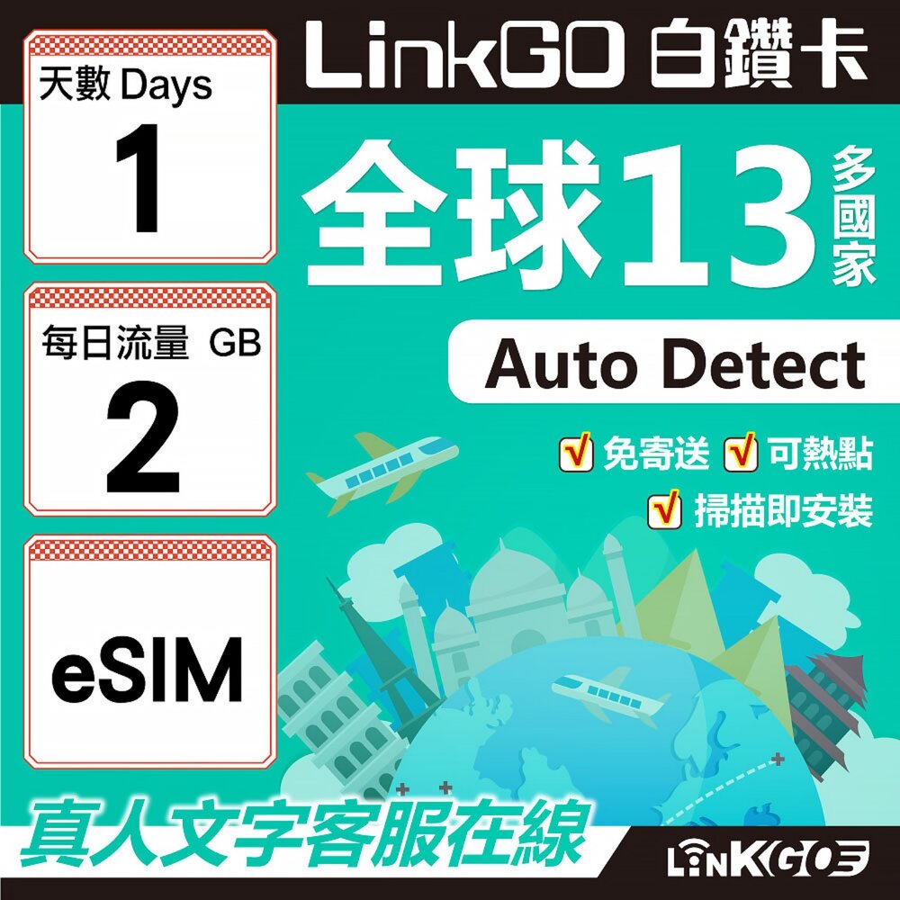02010001-【LINKGO】白鑽卡 全球13國 eSIM卡 1天上網卡 每日2GB(全球網卡 亞太區 紐西蘭 澳洲 通行無限)