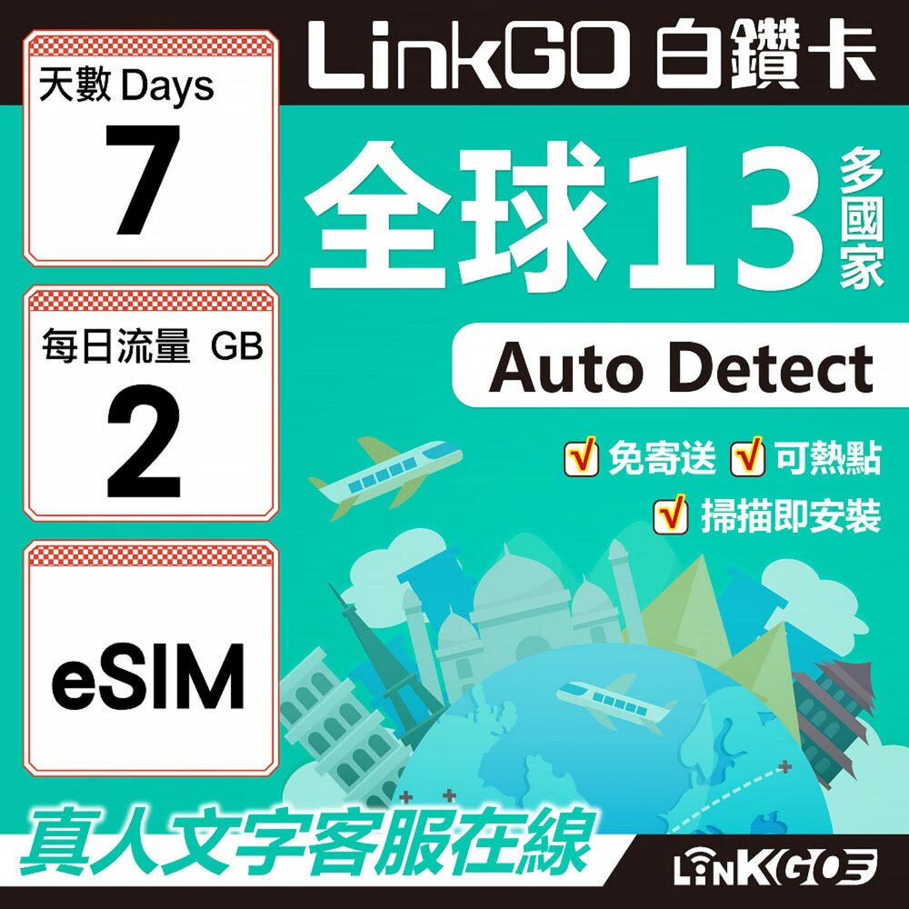 02010007-【LINKGO】白鑽卡 全球13國 eSIM卡 7天上網卡 每日2GB(全球網卡 亞太區 紐西蘭 澳洲 通行無限)
